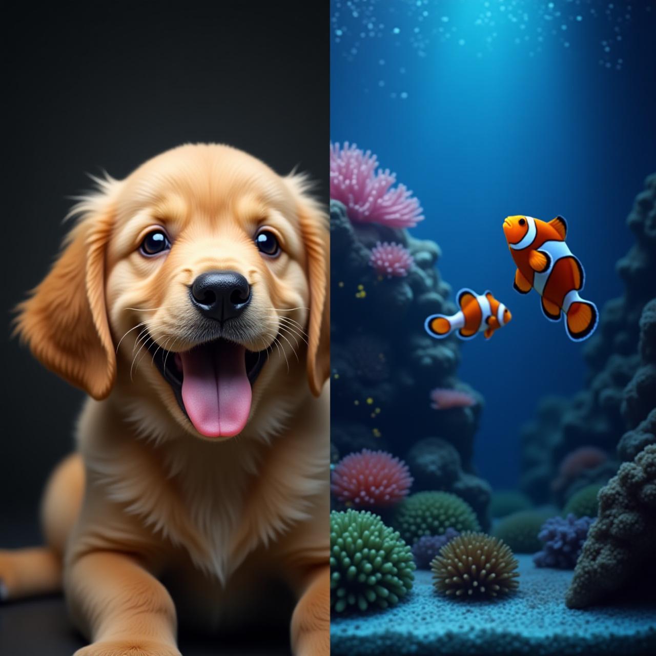 Happy puppy alongside a vibrant saltwater reef tank